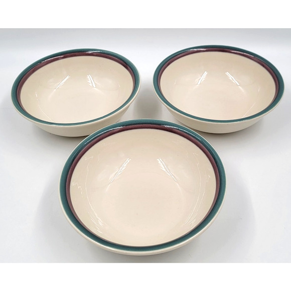 Pfaltzgraff Juniper Ivory Cereal Bowls 6" Green & Plum Band USA Set of 3 - Picture 3 of 6